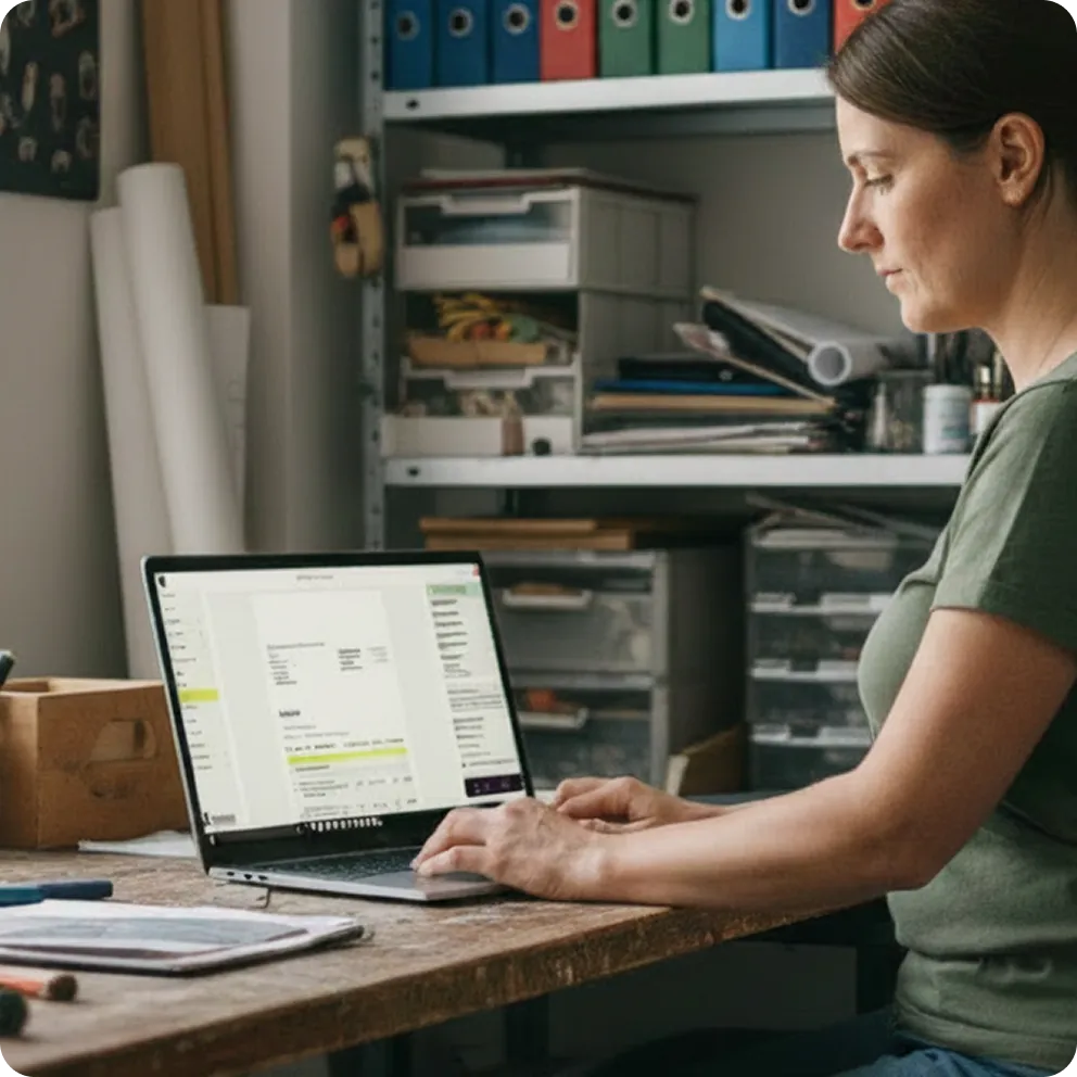 Handwerkerin arbeitet mit b:work am Notebook