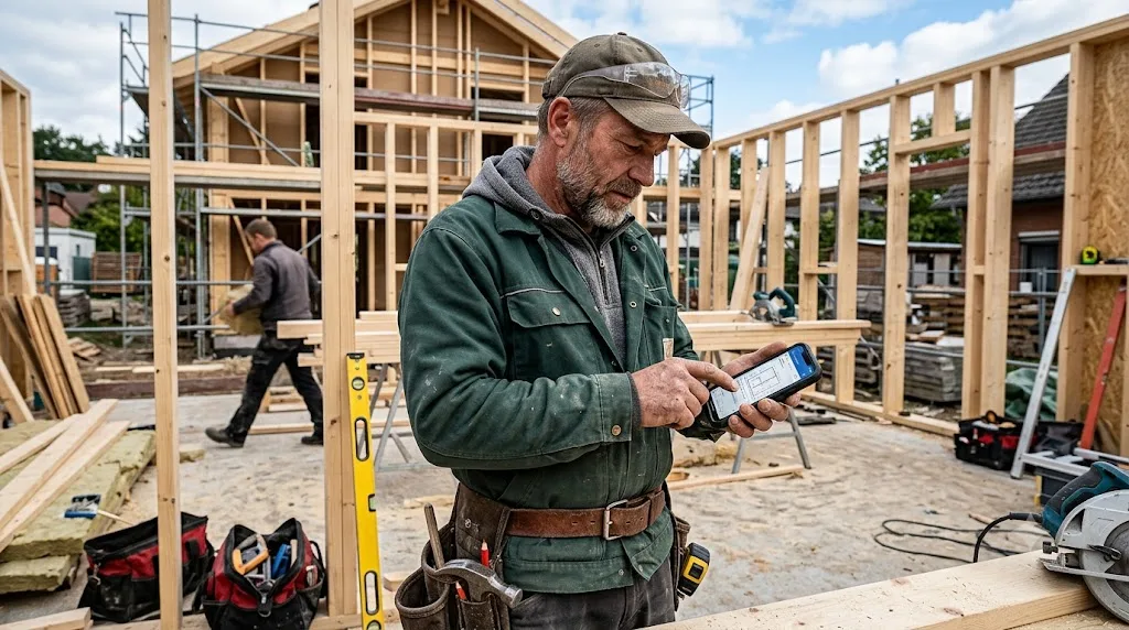 Handwerker auf der Baustelle erfasst etwas am Smartphone.