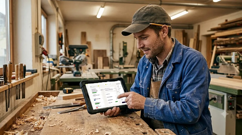 Aufgeräumter Tablet-Screen: ein Projekt mit Kunde, Terminen und Belegen.