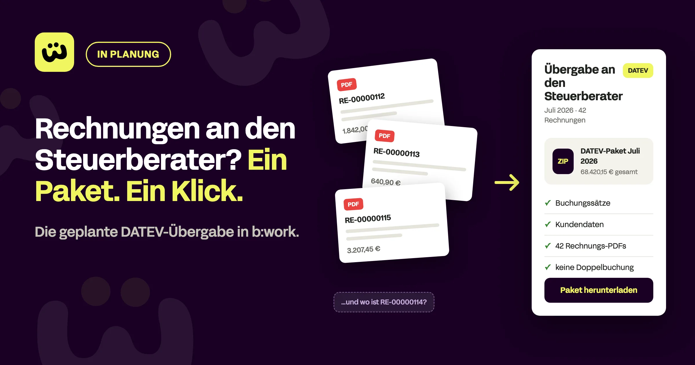 Konzept der geplanten DATEV-Übergabe in b:work: aus vielen einzelnen Rechnungs-PDFs wird ein Paket für den Steuerberater