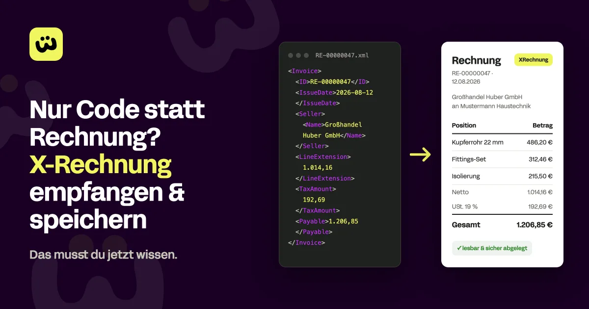 XRechnung-Grafik: links XML-Code, rechts die lesbare Rechnungsansicht in b:work-Optik